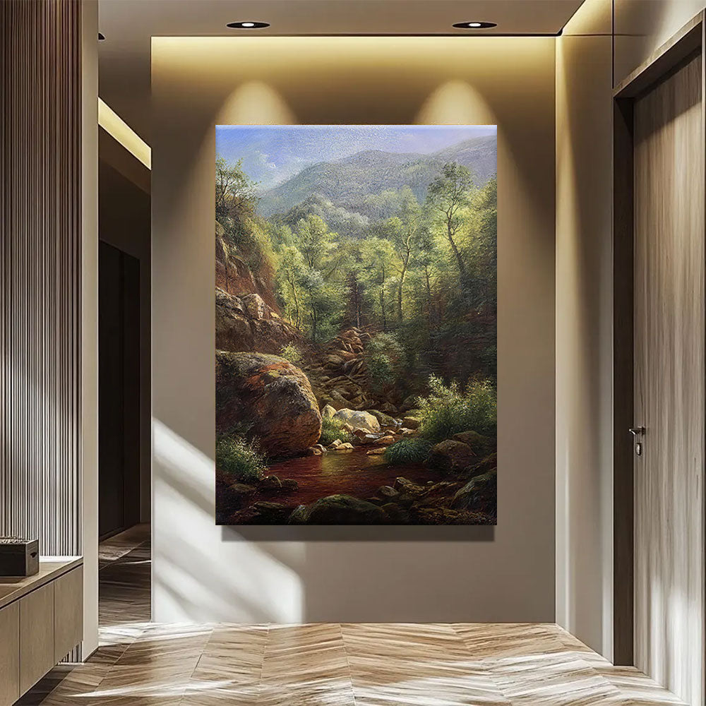 Rocky Stream in the Hills canvas wall art, styled room mockup 4.