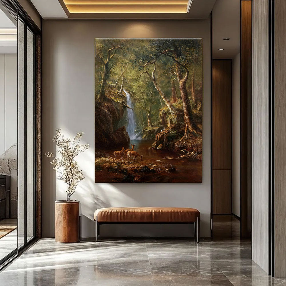 Deer in the Woodland Glade canvas wall art, styled room mockup 1.