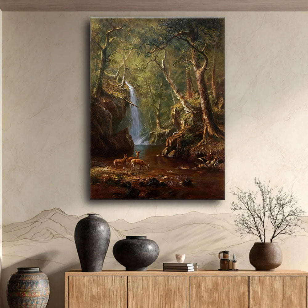 Deer in the Woodland Glade canvas wall art, styled room mockup 3.