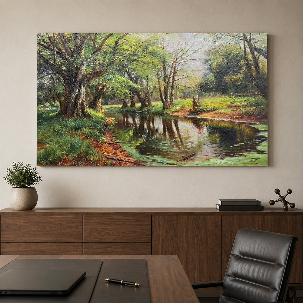 Reflections Beneath Old Trees canvas wall art, styled room mockup 1.