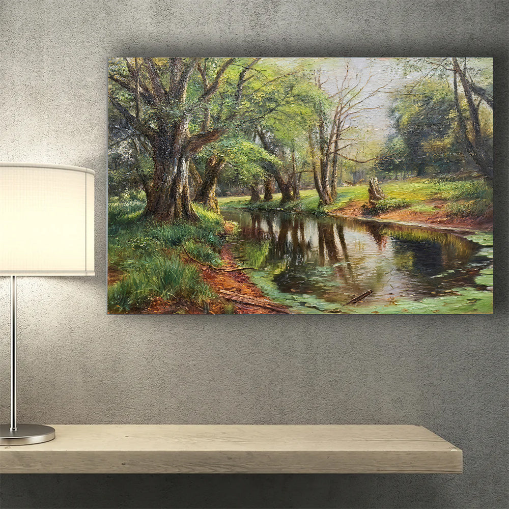 Reflections Beneath Old Trees canvas wall art, styled room mockup 4.