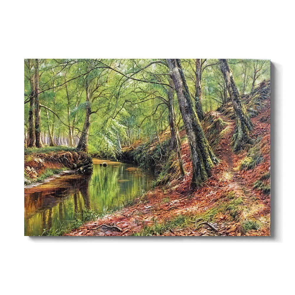 Autumn Leaves by the Creek canvas wall art, front product mockup on a light background.