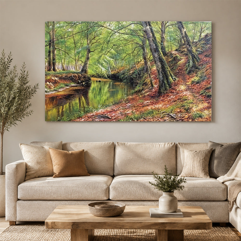 Autumn Leaves by the Creek canvas wall art, styled room mockup 1.