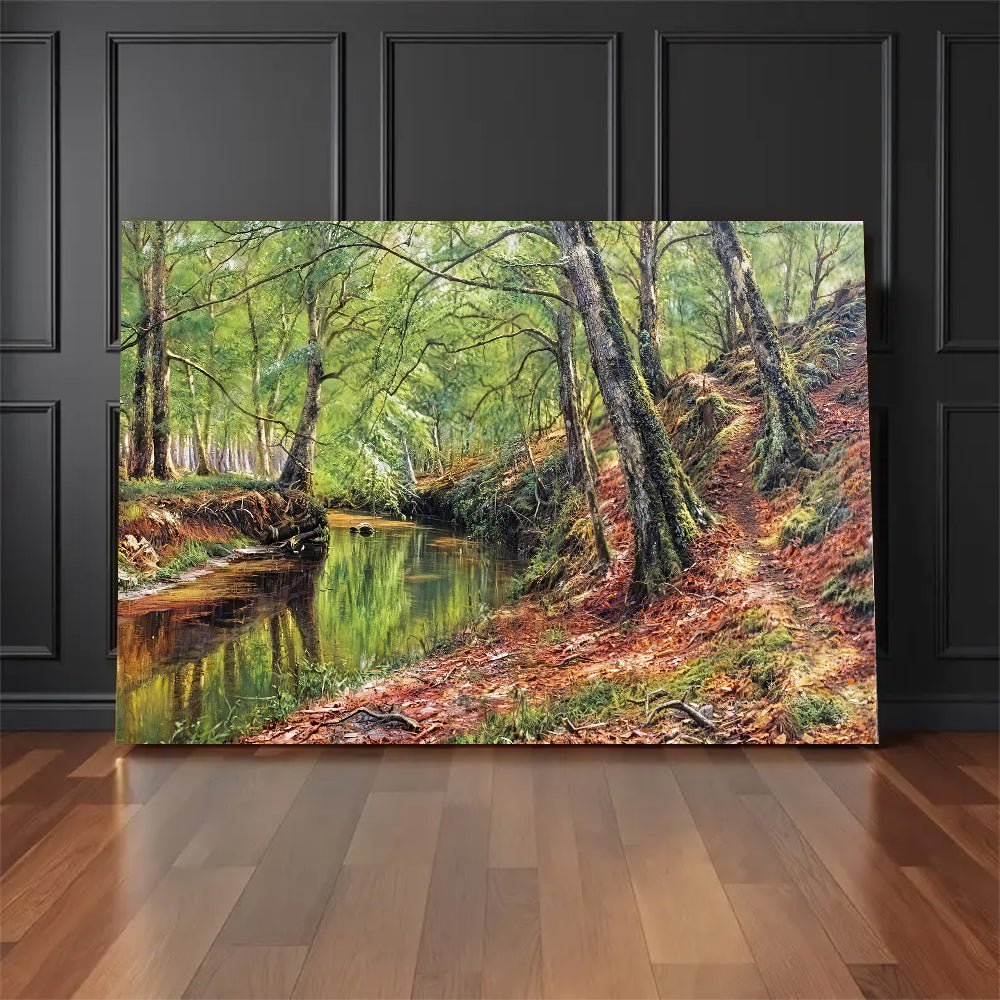 Autumn Leaves by the Creek canvas wall art, styled room mockup 2.