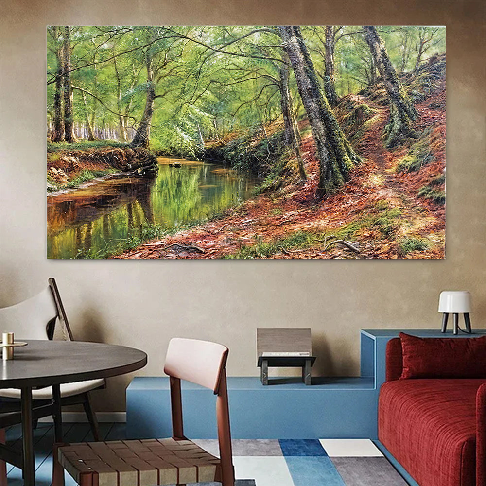 Autumn Leaves by the Creek canvas wall art, styled room mockup 3.