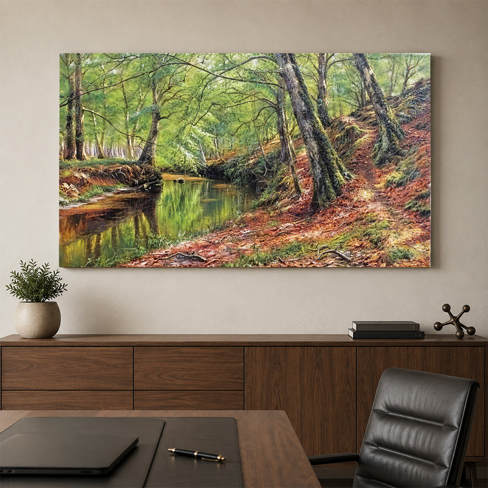 Autumn Leaves by the Creek canvas wall art, styled room mockup 4.