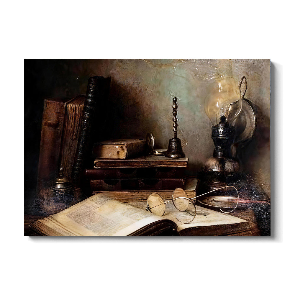 Books and Lamplight canvas wall art, front product mockup on a light background.
