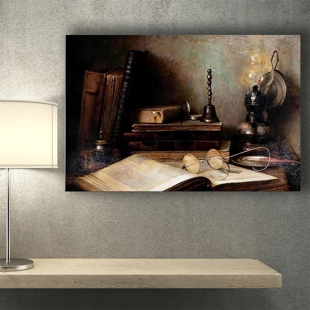 Books and Lamplight canvas wall art, styled room mockup 2.
