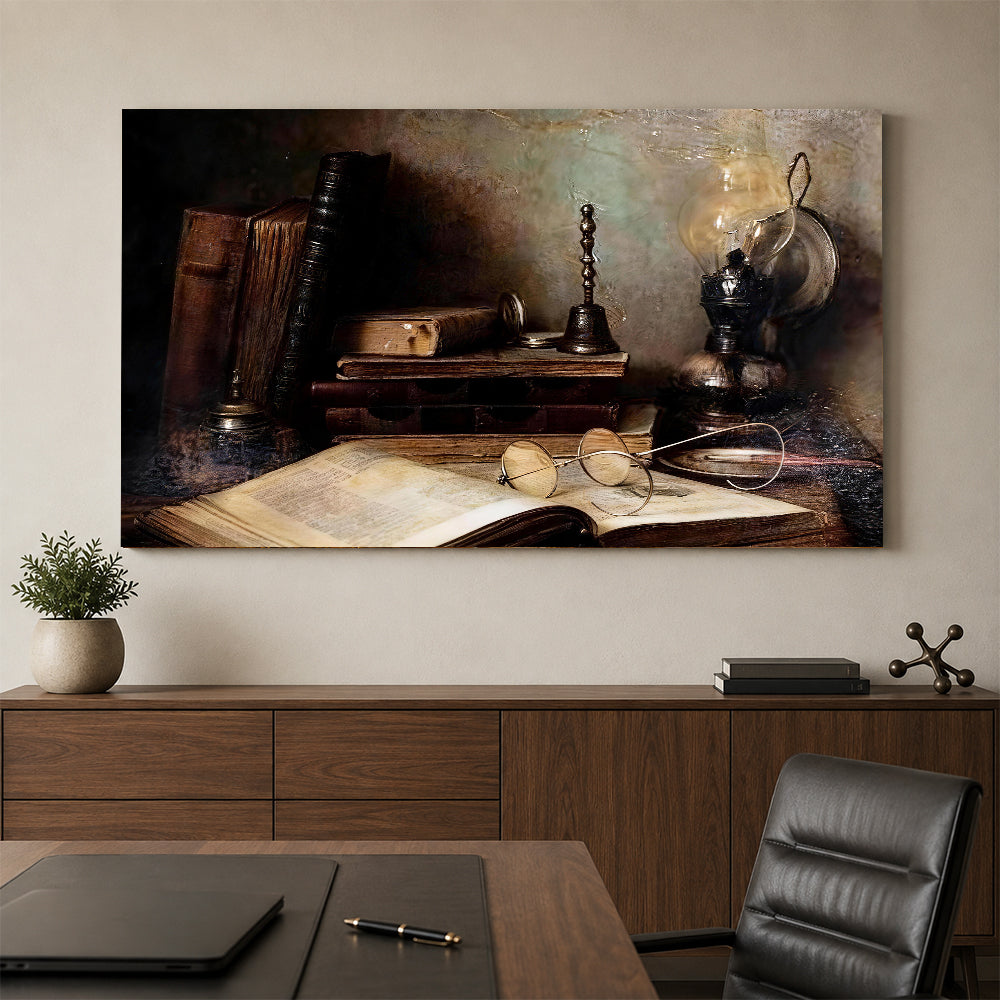 Books and Lamplight canvas wall art, styled room mockup 3.
