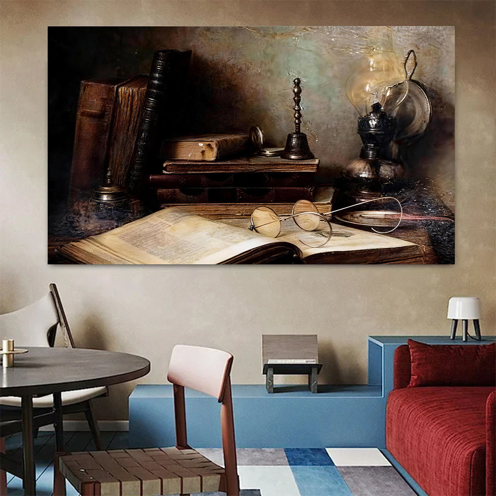 Books and Lamplight canvas wall art, styled room mockup 4.