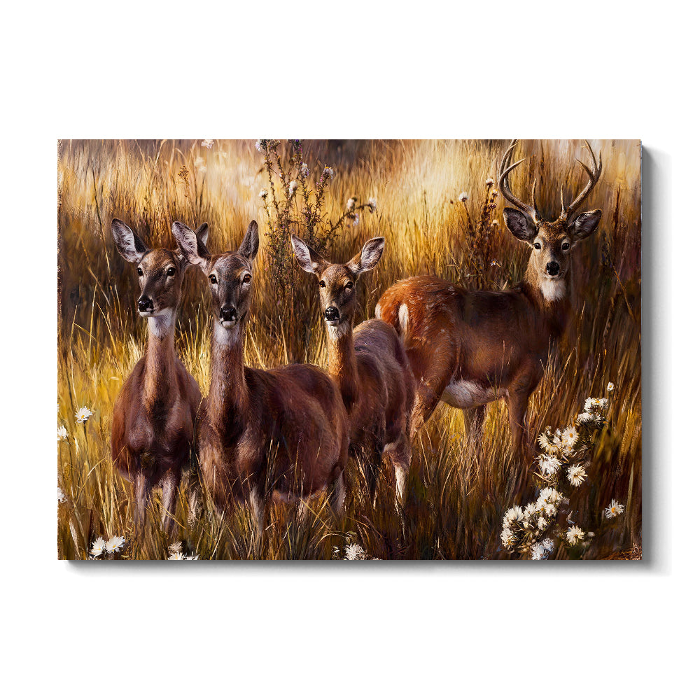 Deer Among Golden Grasses canvas wall art, front product mockup on a light background.