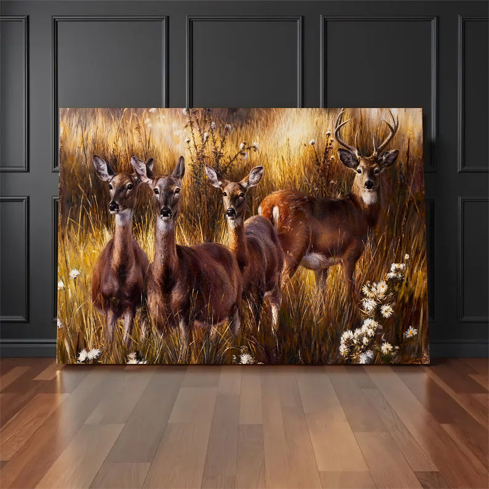 Deer Among Golden Grasses canvas wall art, styled room mockup 1.
