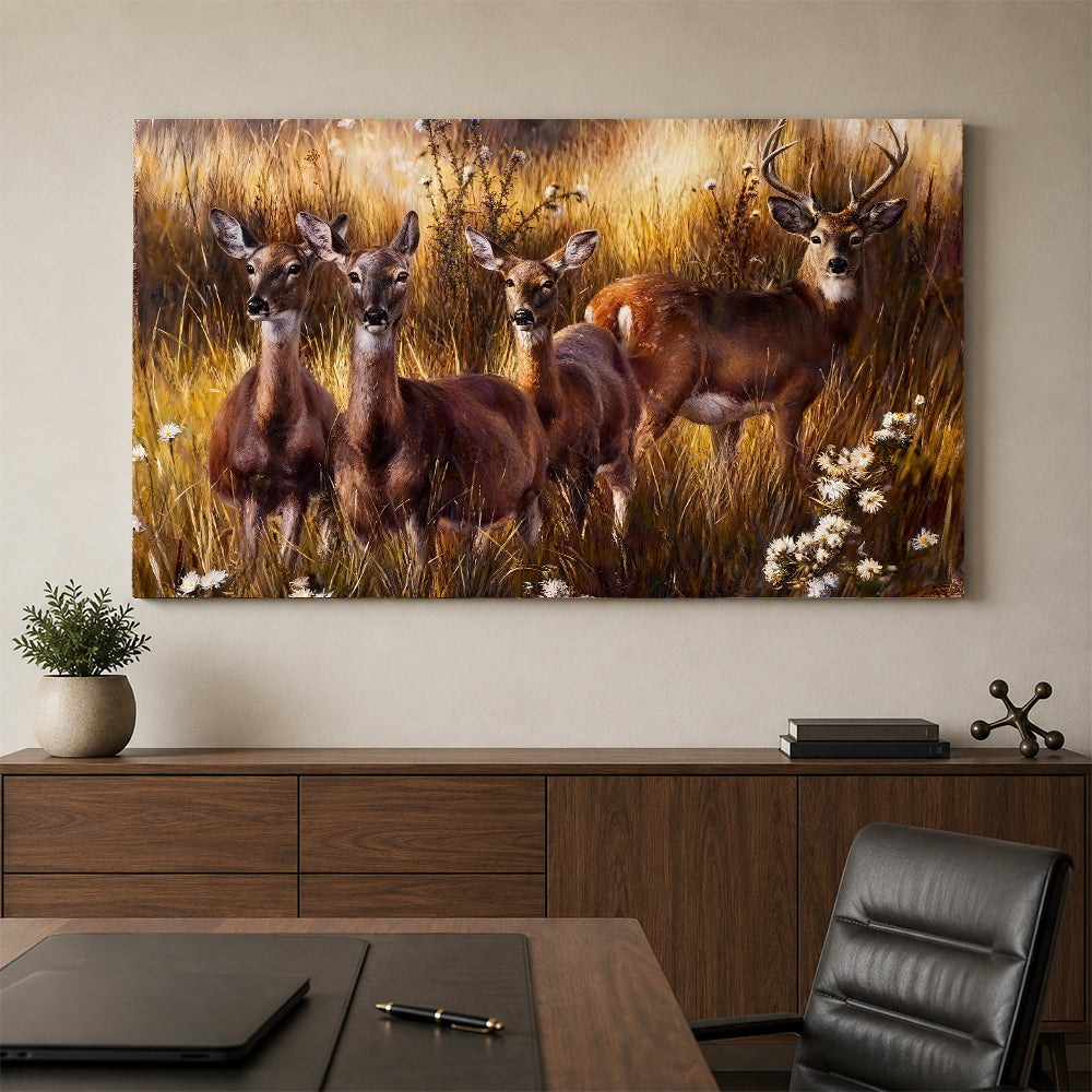 Deer Among Golden Grasses canvas wall art, styled room mockup 2.