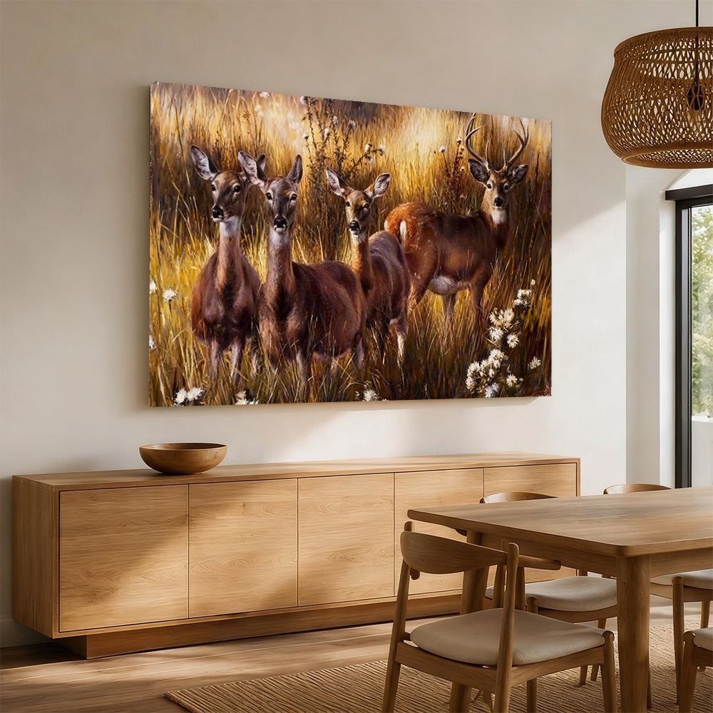 Deer Among Golden Grasses canvas wall art, styled room mockup 3.