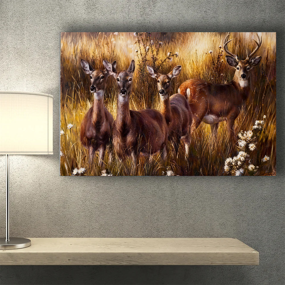 Deer Among Golden Grasses canvas wall art, styled room mockup 4.