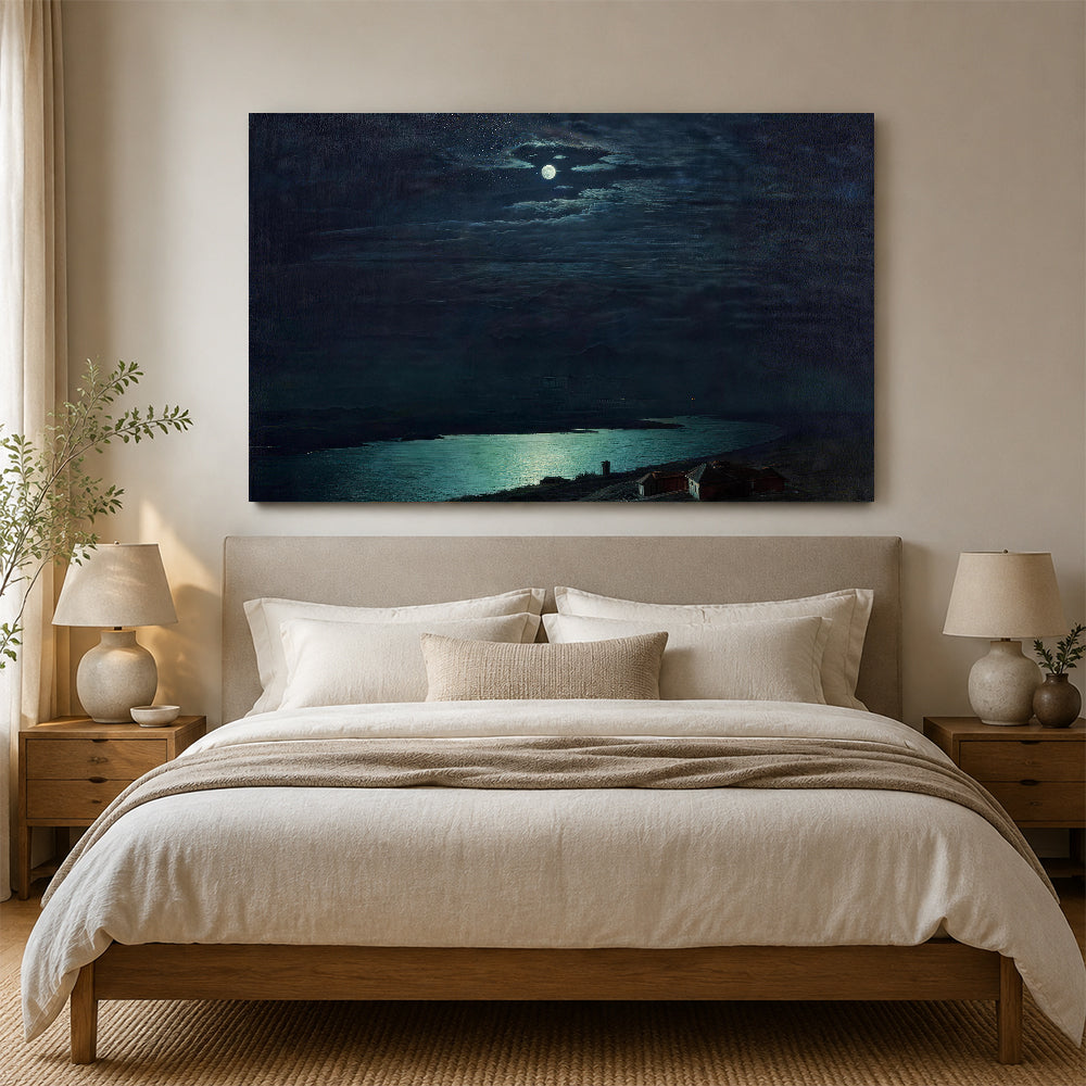 Moonlight Across Dark Water canvas wall art, styled room mockup 1.