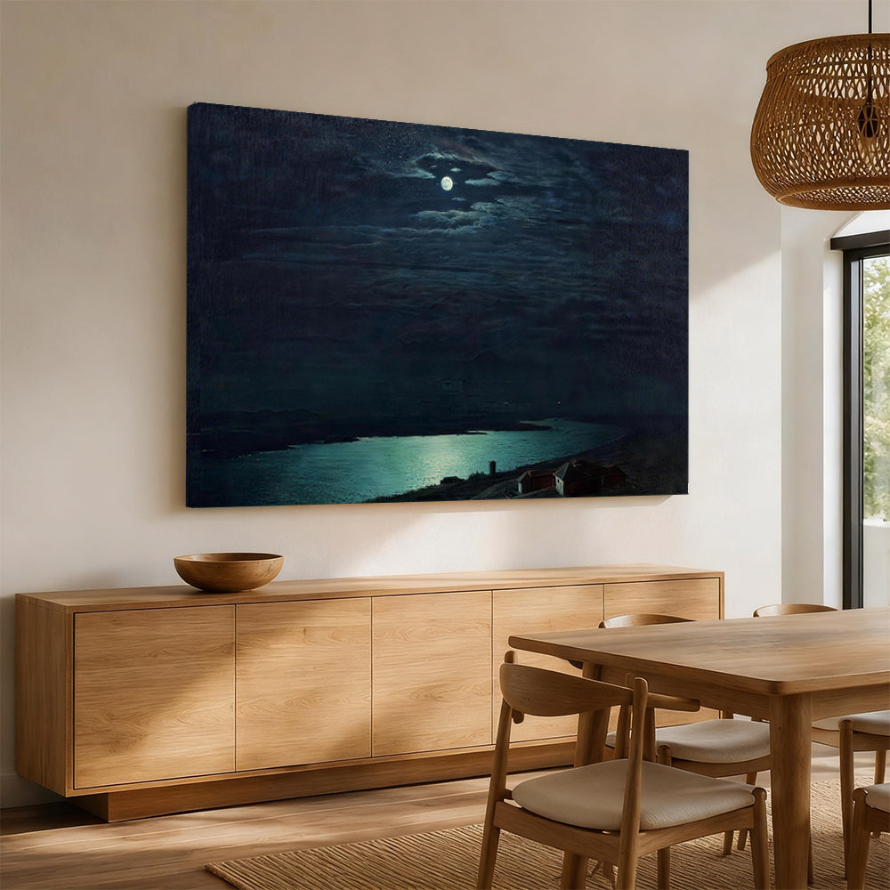 Moonlight Across Dark Water canvas wall art, styled room mockup 2.