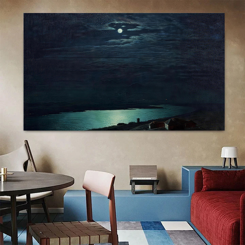 Moonlight Across Dark Water canvas wall art, styled room mockup 4.