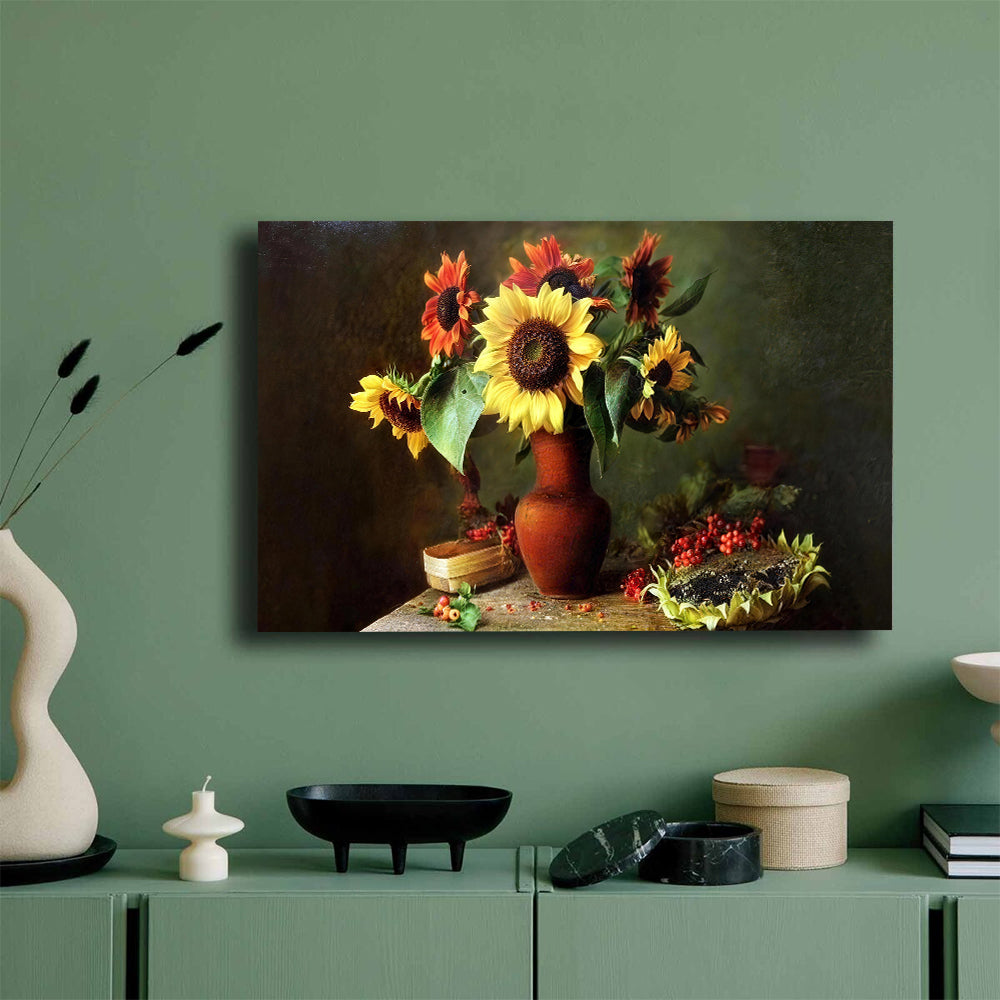Sunflowers in a Terracotta Vase canvas wall art, styled room mockup 1.