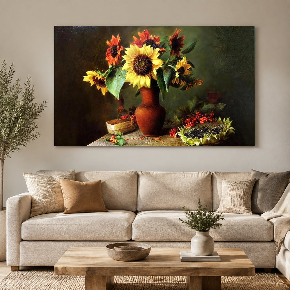 Sunflowers in a Terracotta Vase canvas wall art, styled room mockup 3.