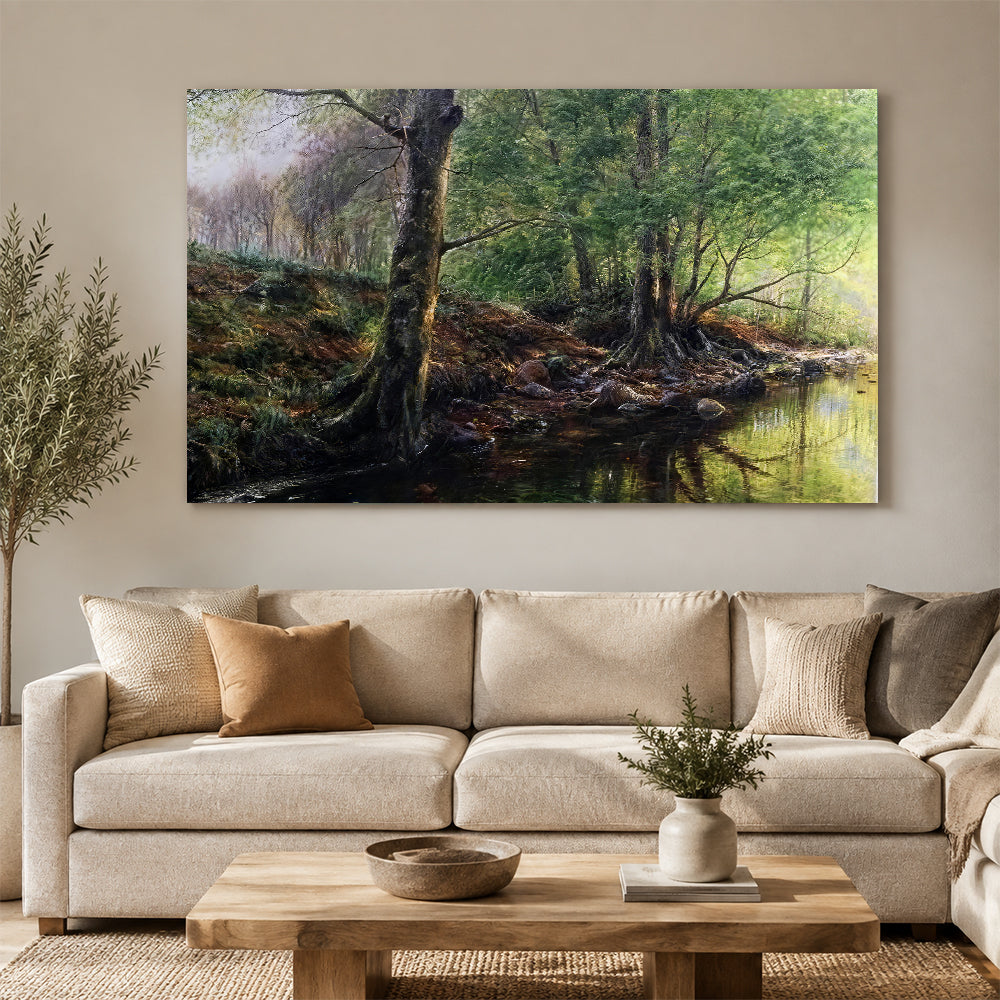 Roots by the Woodland Stream canvas wall art, styled room mockup 1.