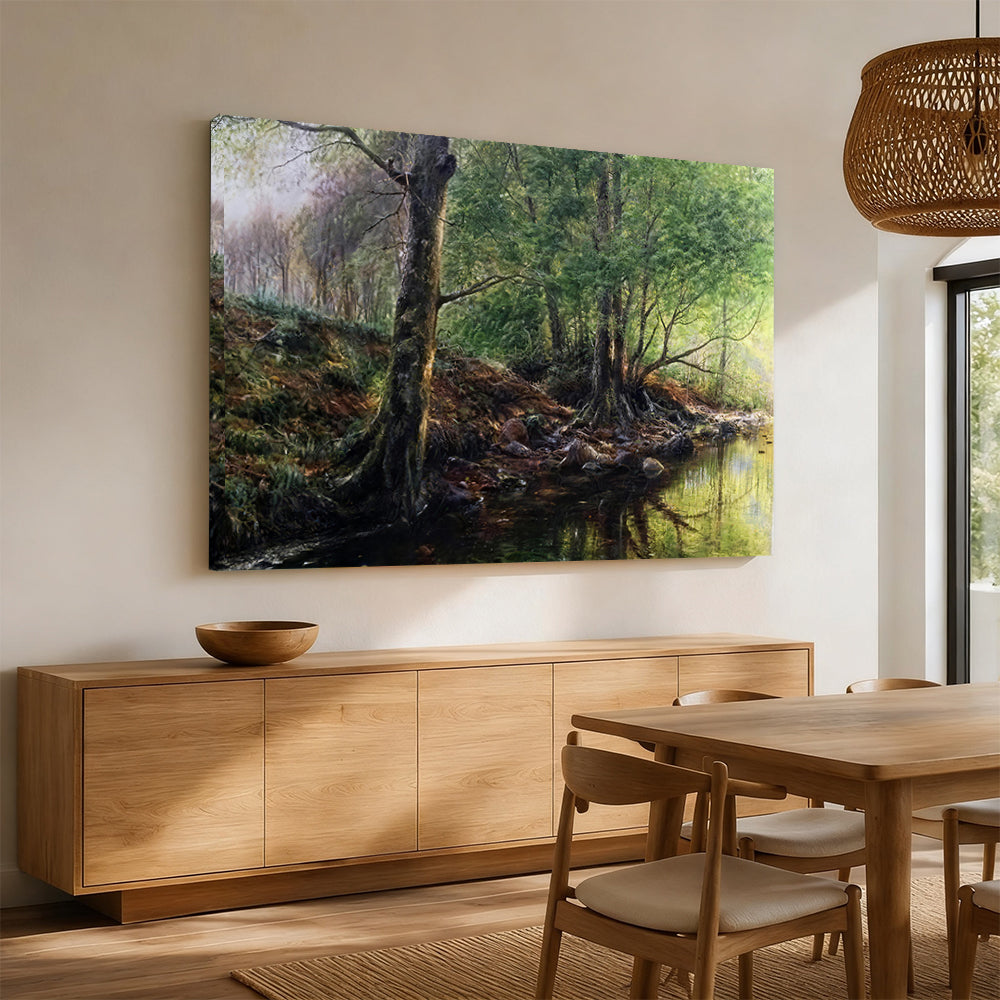 Roots by the Woodland Stream canvas wall art, styled room mockup 2.