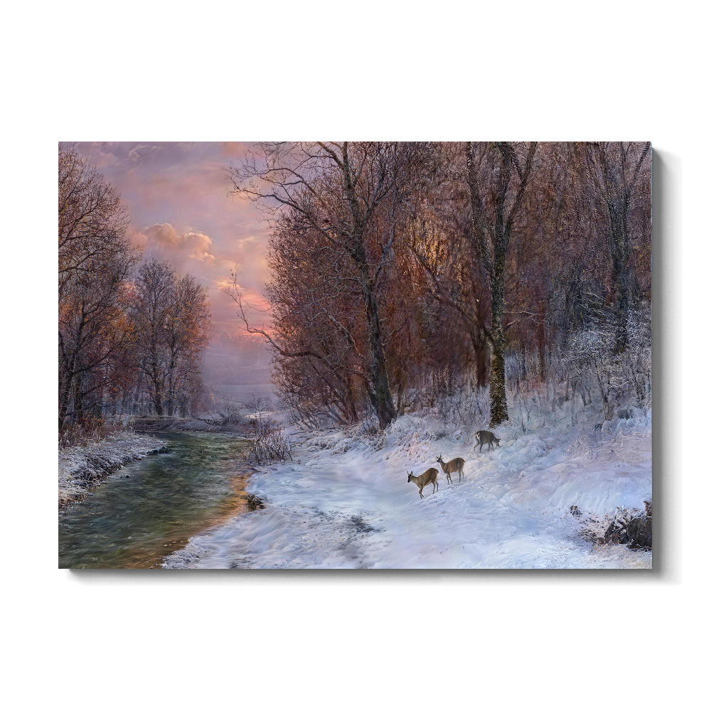 Winter River at Dusk canvas wall art, front product mockup on a light background.