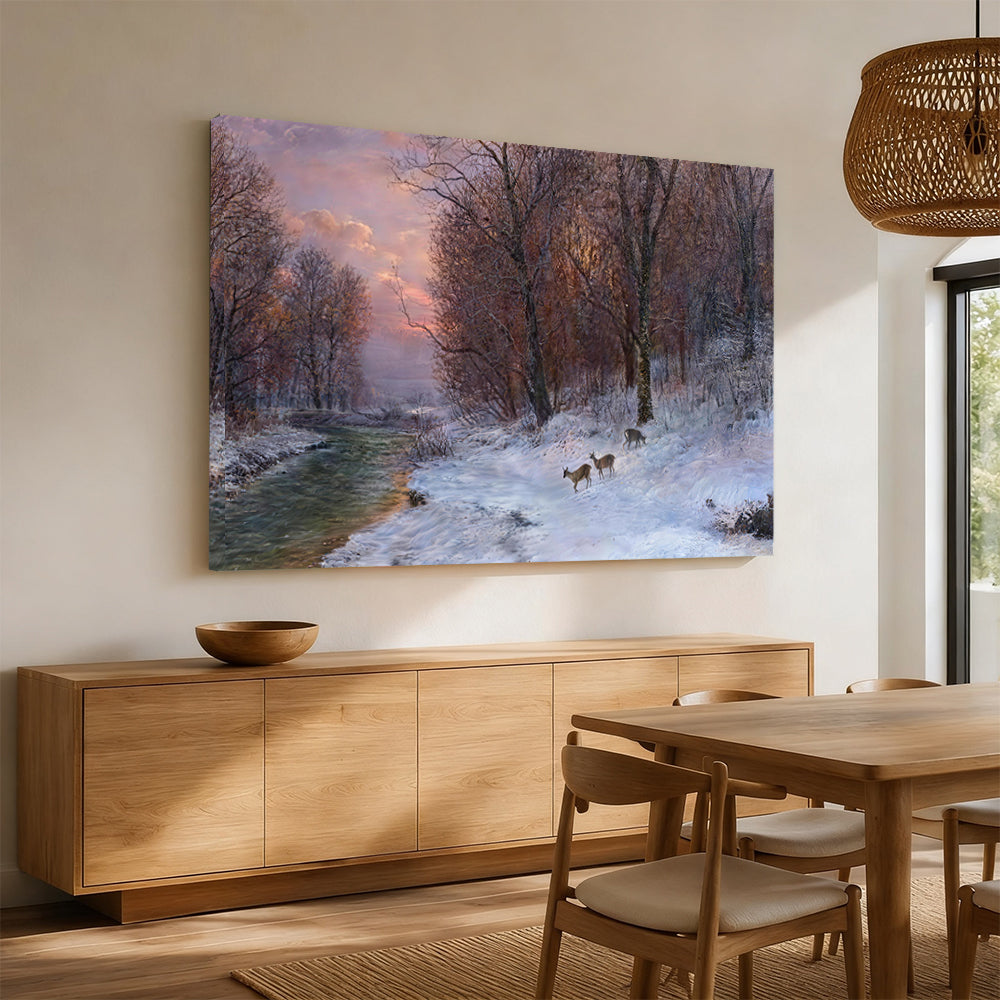 Winter River at Dusk canvas wall art, styled room mockup 1.