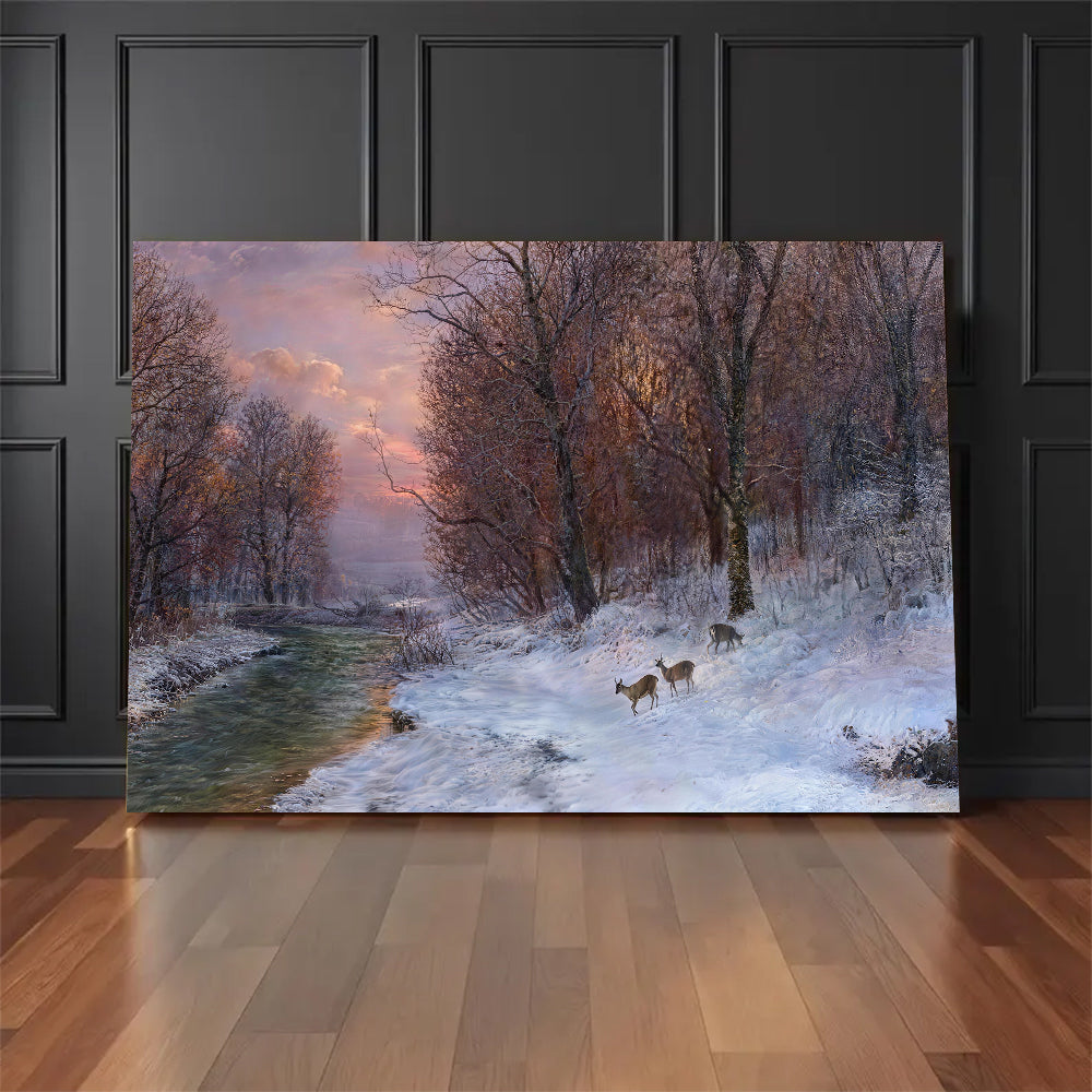 Winter River at Dusk canvas wall art, styled room mockup 2.