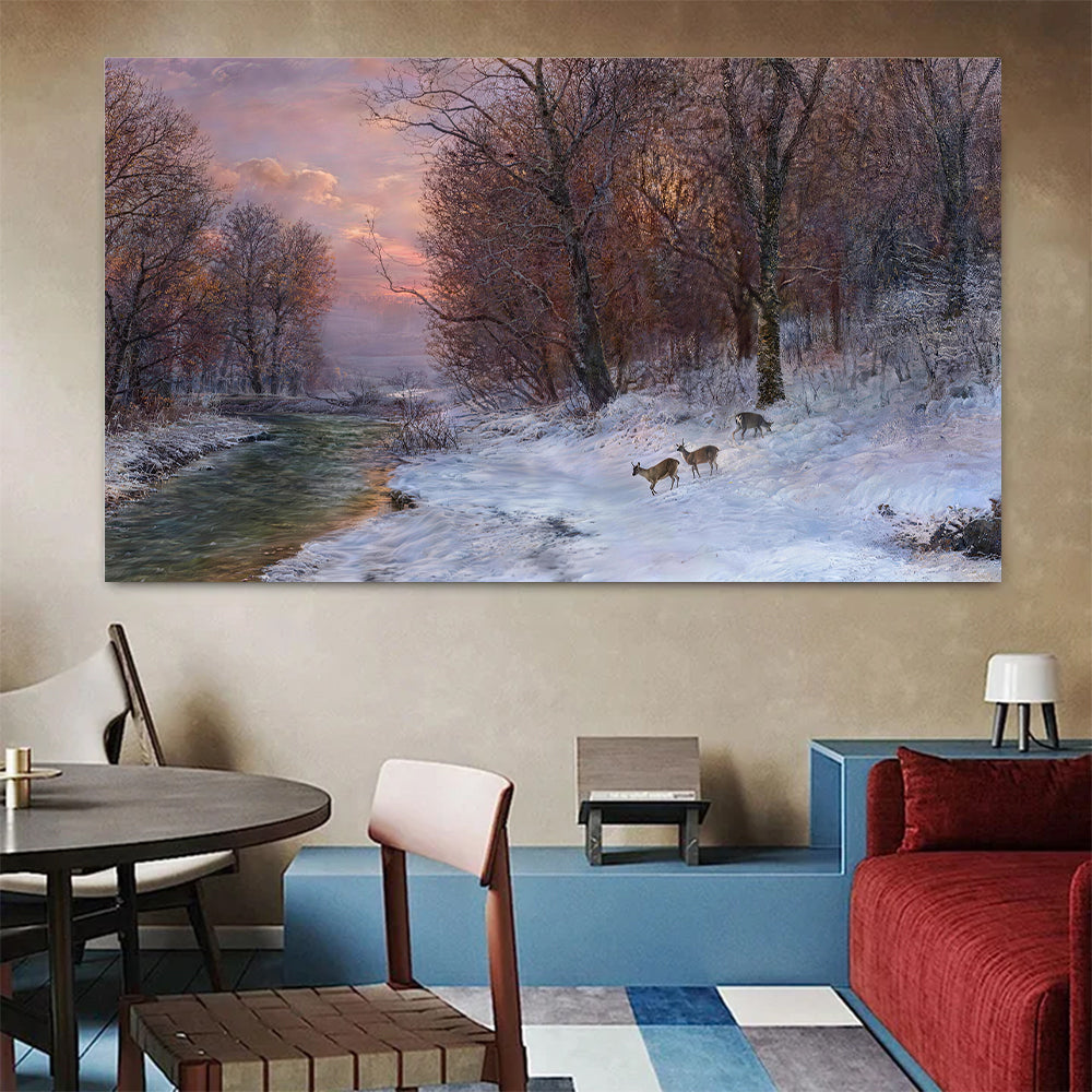 Winter River at Dusk canvas wall art, styled room mockup 3.