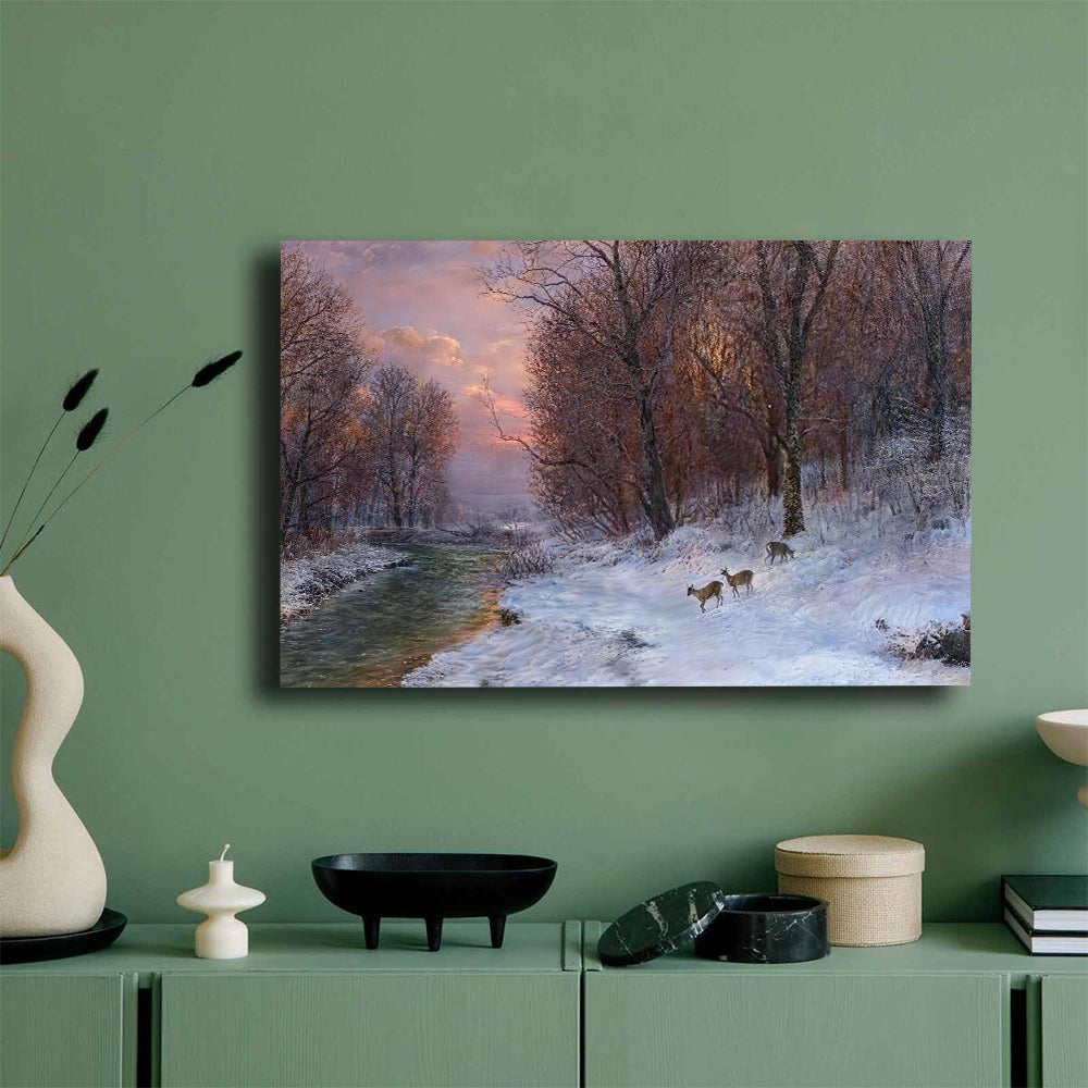 Winter River at Dusk canvas wall art, styled room mockup 4.