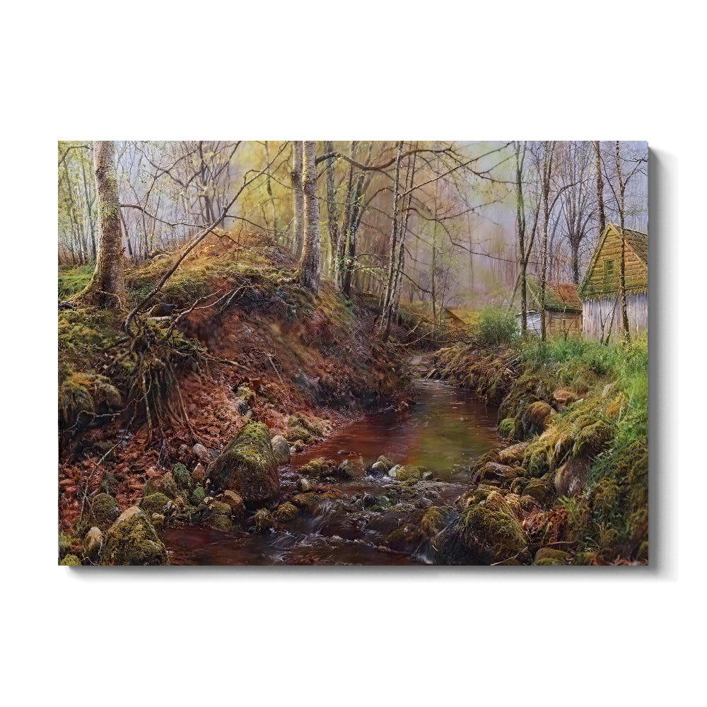 Village Creek in Early Spring canvas wall art, front product mockup on a light background.
