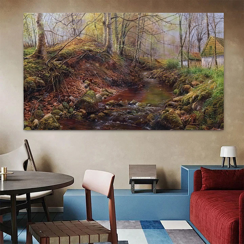 Village Creek in Early Spring canvas wall art, styled room mockup 1.