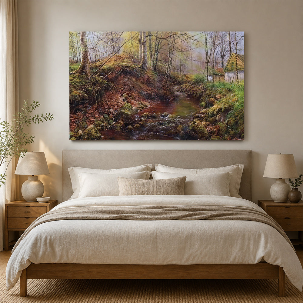 Village Creek in Early Spring canvas wall art, styled room mockup 2.