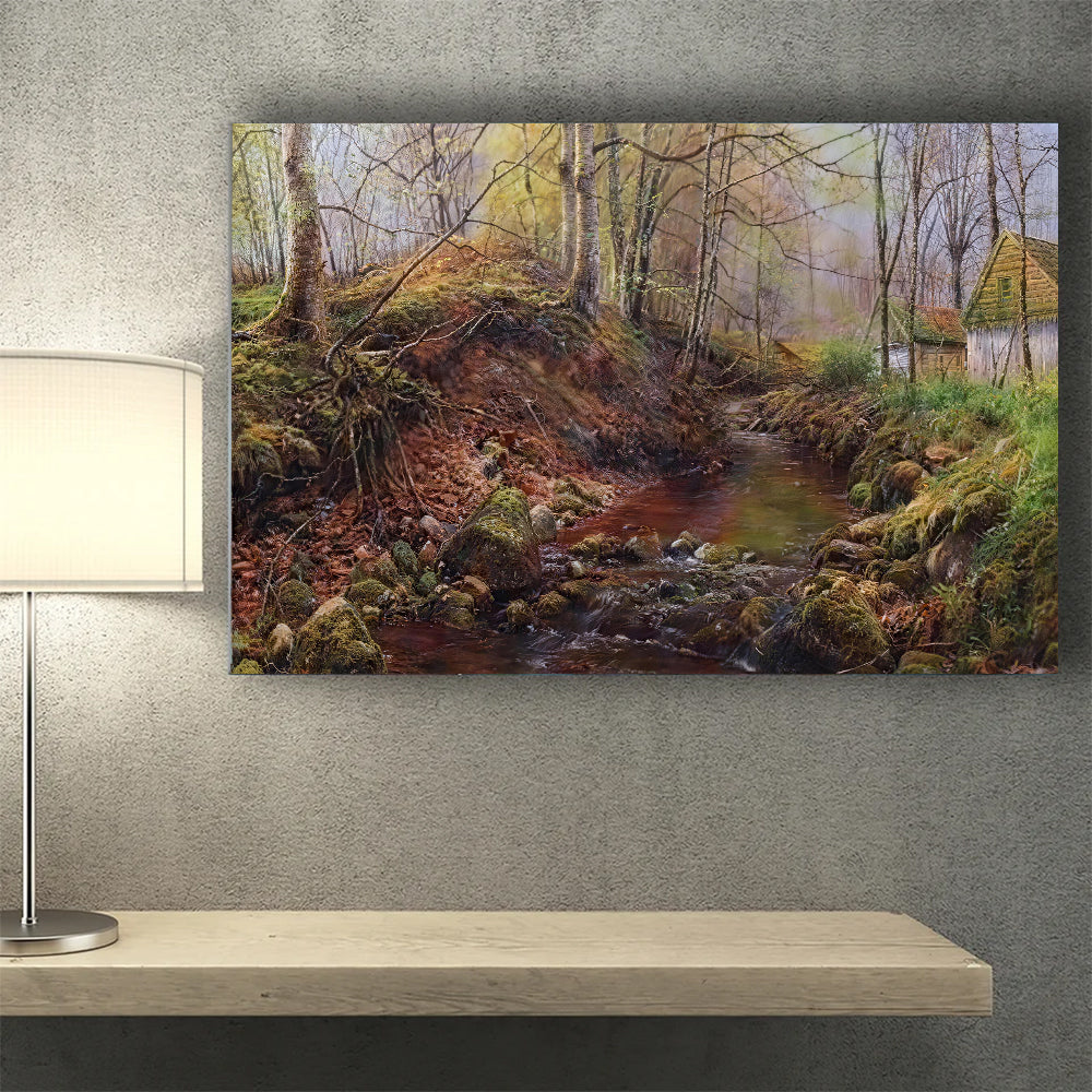 Village Creek in Early Spring canvas wall art, styled room mockup 3.