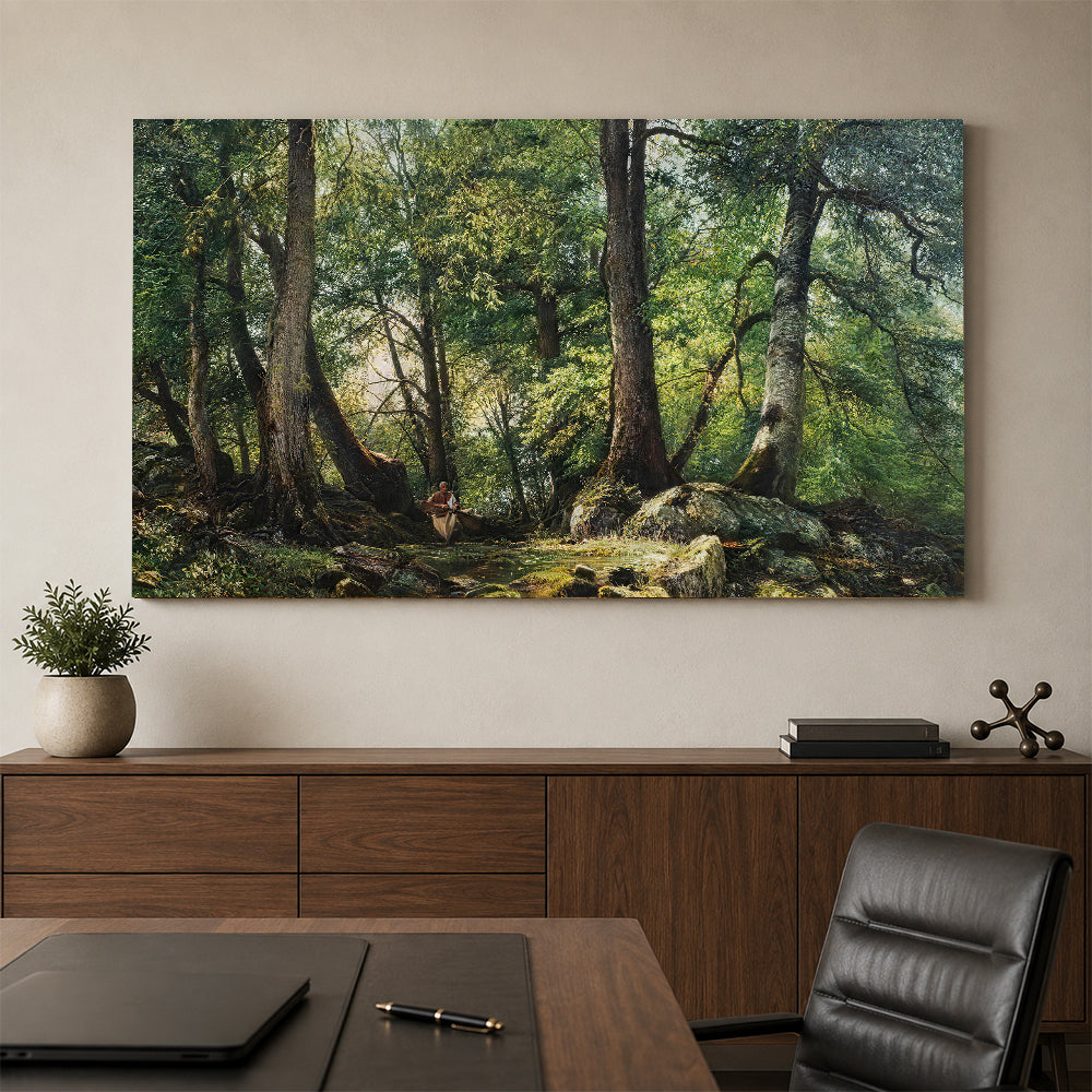 Deep Green Woodland canvas wall art, styled room mockup 1.