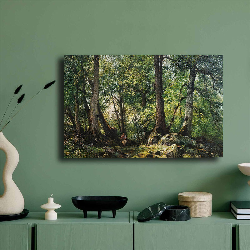 Deep Green Woodland canvas wall art, styled room mockup 3.
