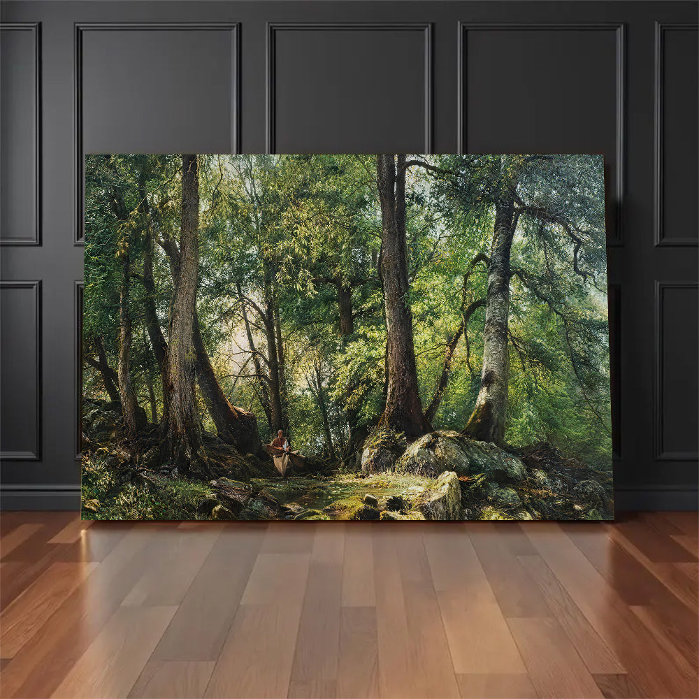 Deep Green Woodland canvas wall art, styled room mockup 4.