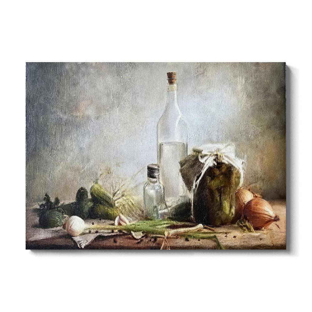 Glass Bottle and Kitchen Still Life canvas wall art, front product mockup on a light background.