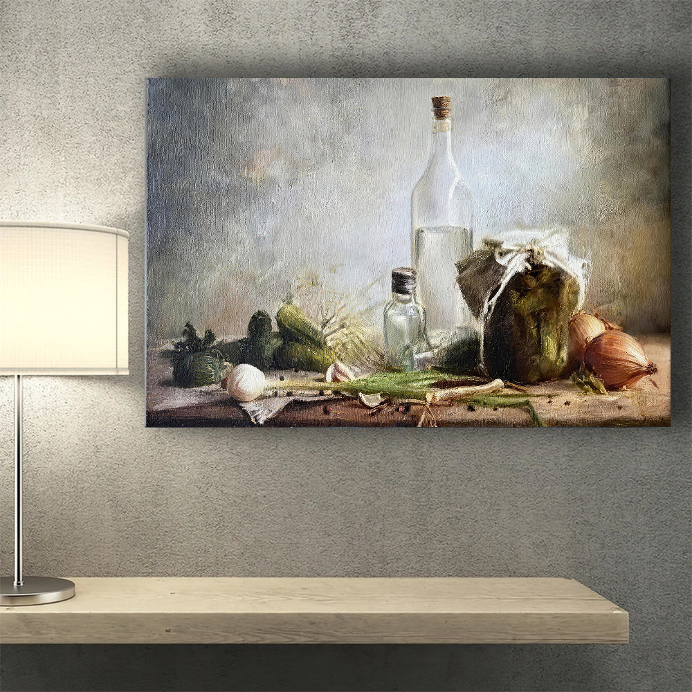 Glass Bottle and Kitchen Still Life canvas wall art, styled room mockup 1.