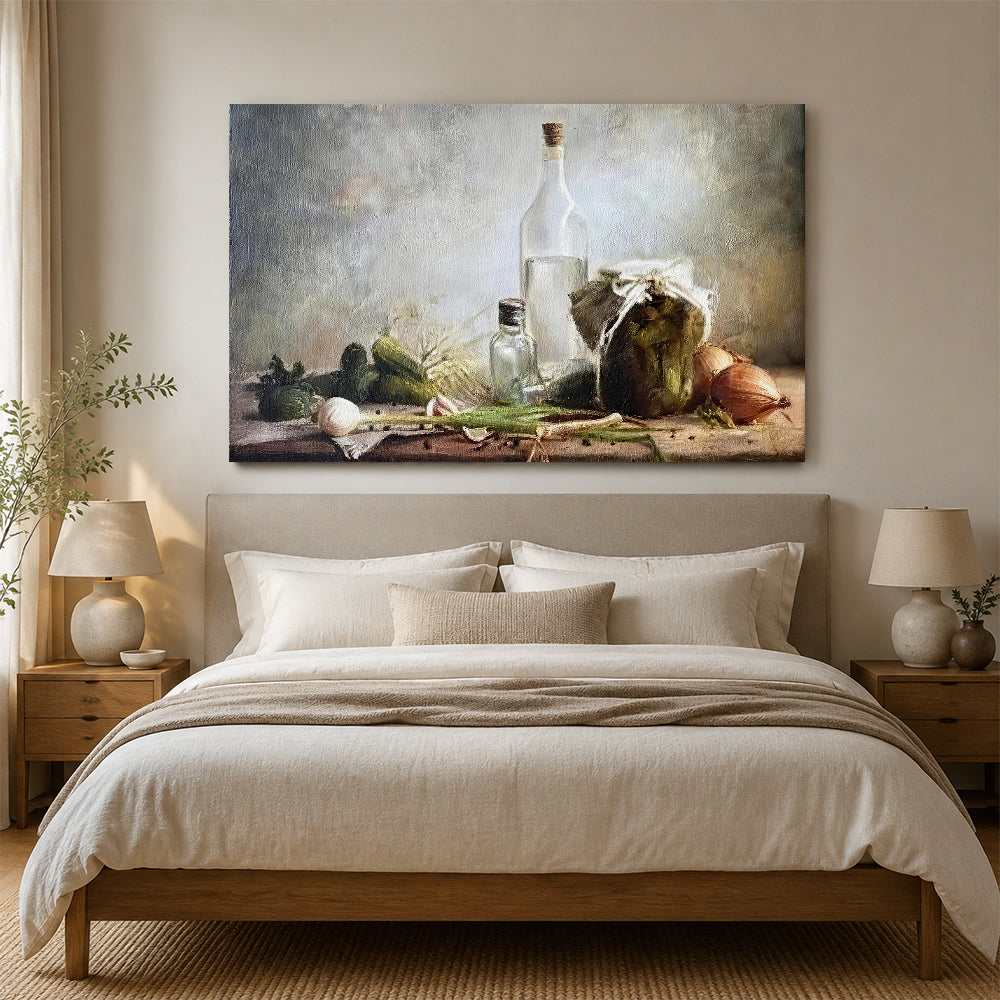 Glass Bottle and Kitchen Still Life canvas wall art, styled room mockup 4.