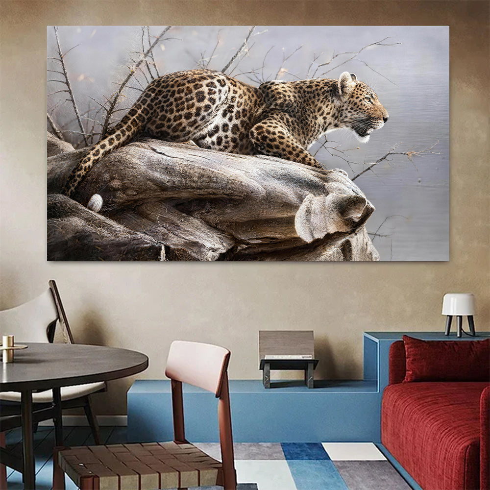 Leopard on a Pale Branch canvas wall art, styled room mockup 1.