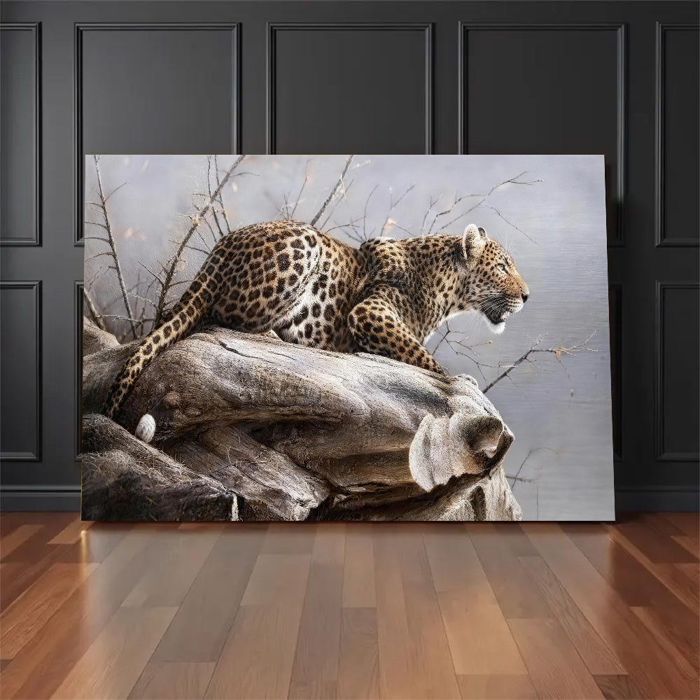 Leopard on a Pale Branch canvas wall art, styled room mockup 2.