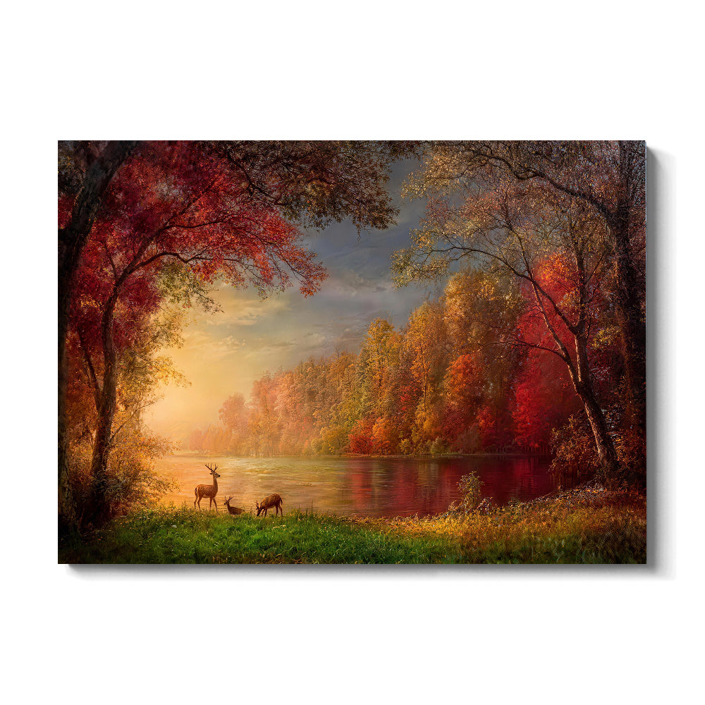 Autumn Lake in Amber Light canvas wall art, front product mockup on a light background.