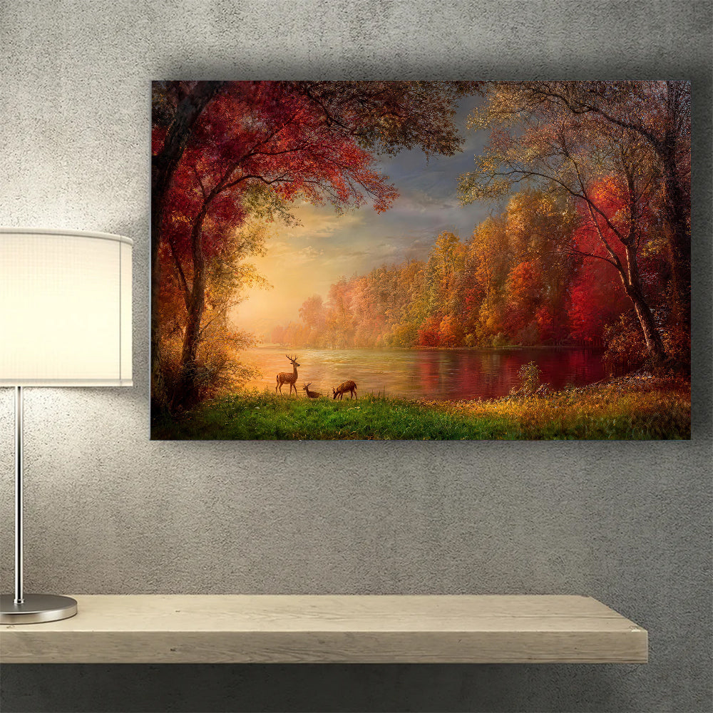 Autumn Lake in Amber Light canvas wall art, styled room mockup 1.