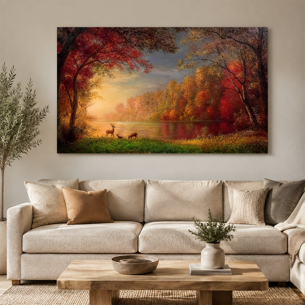 Autumn Lake in Amber Light canvas wall art, styled room mockup 2.