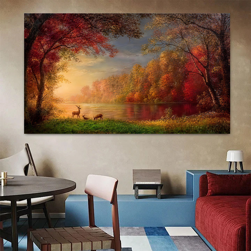 Autumn Lake in Amber Light canvas wall art, styled room mockup 3.