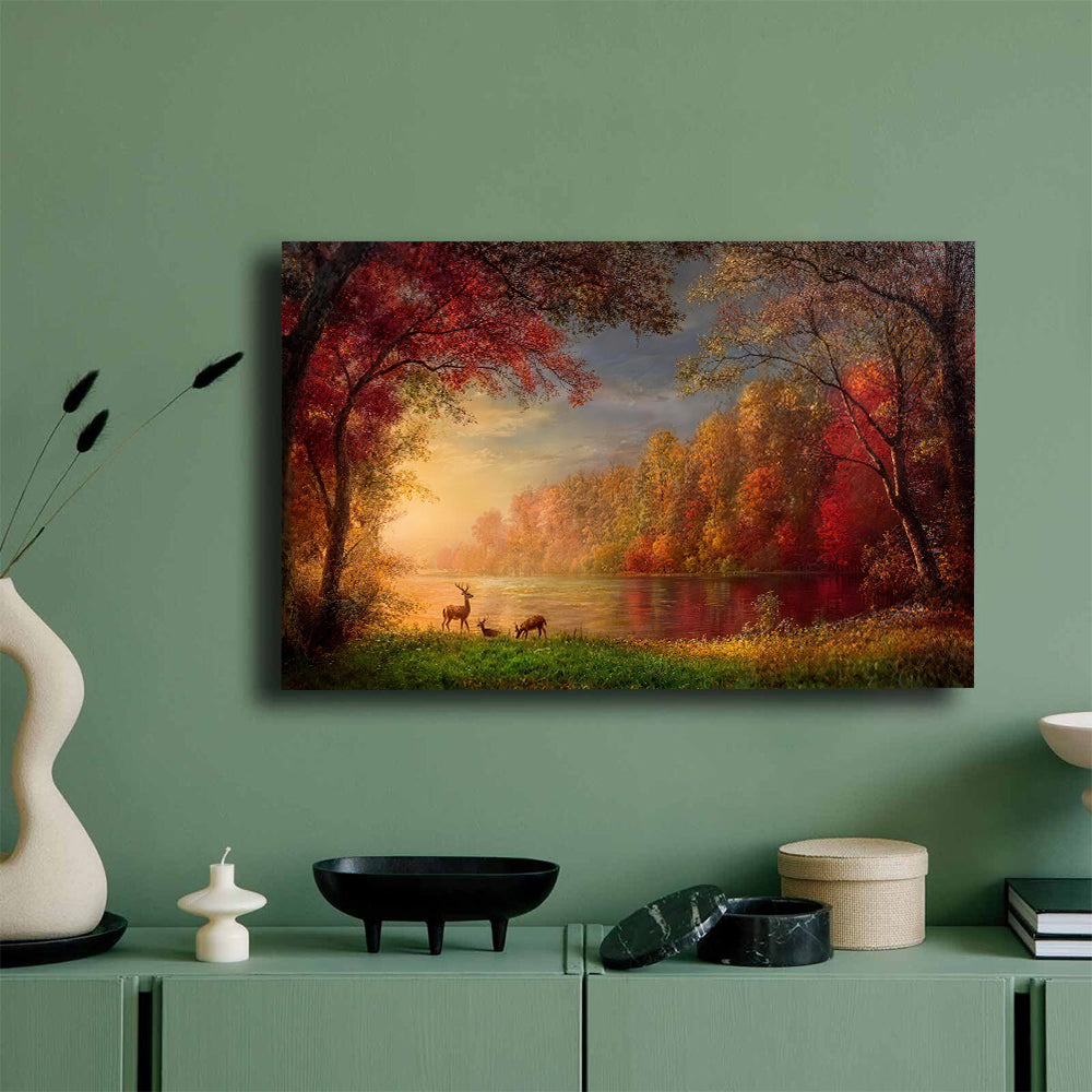 Autumn Lake in Amber Light canvas wall art, styled room mockup 4.