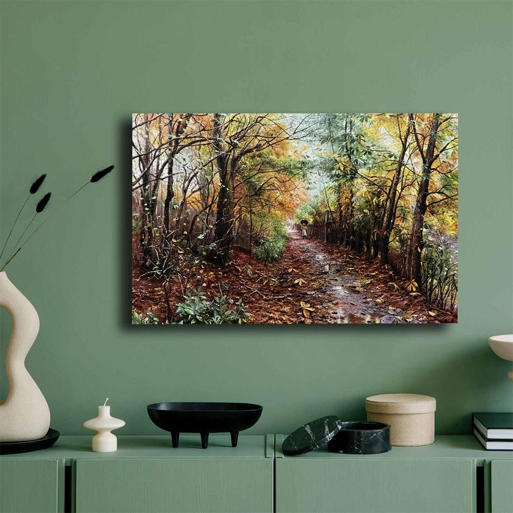 Leaf Strewn Woodland Path canvas wall art, styled room mockup 1.