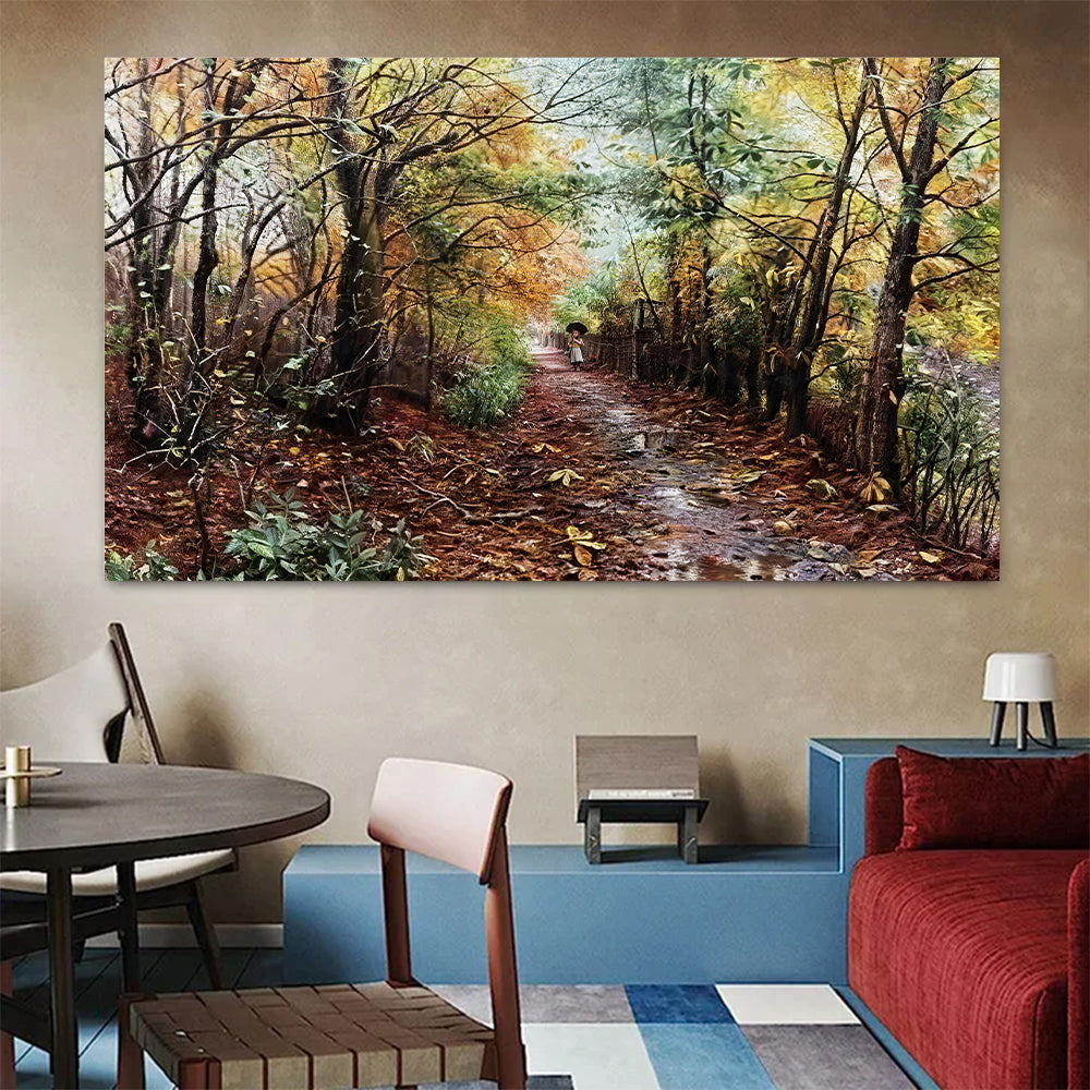 Leaf Strewn Woodland Path canvas wall art, styled room mockup 2.